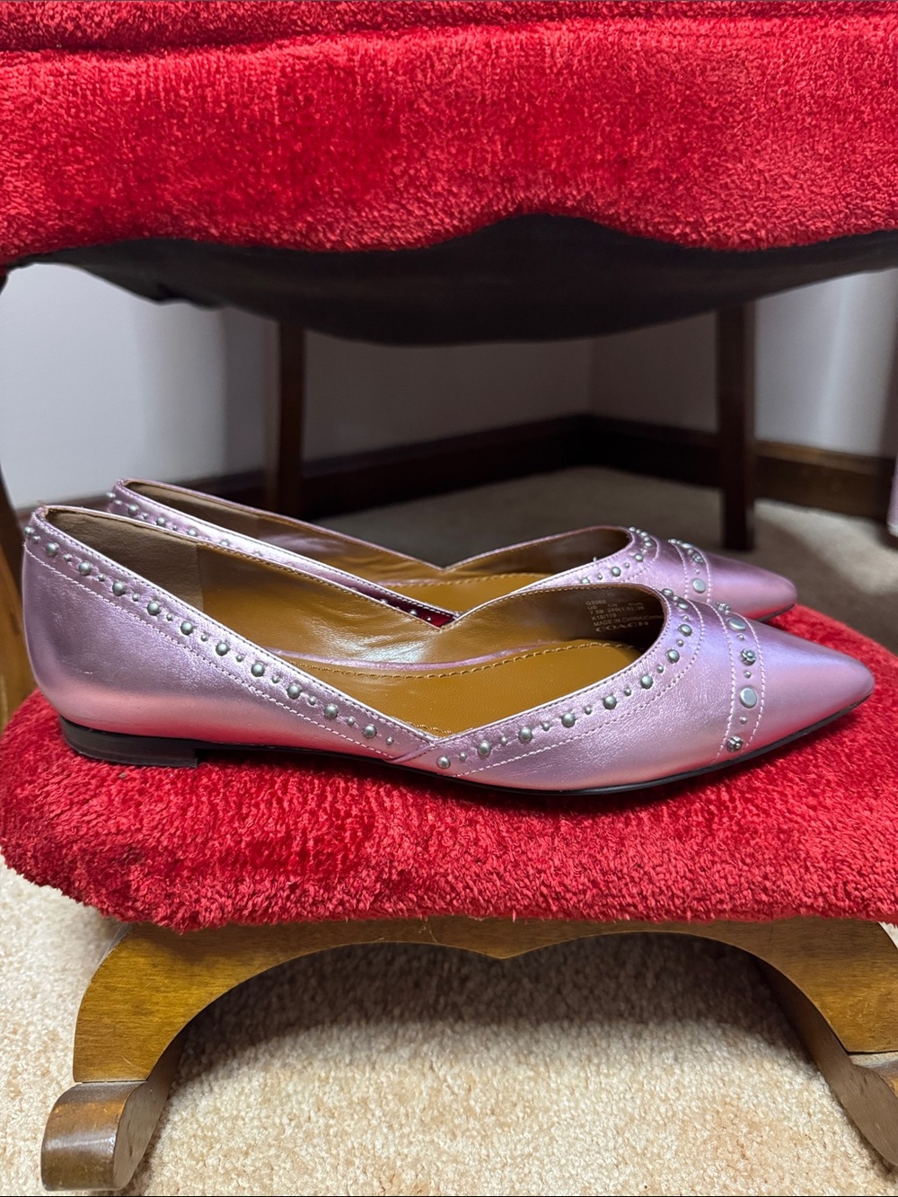 CoachStudded Pointed Toe Ballet Flats in Metallic Lavender